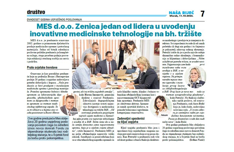 MES d.o.o. - Časopis Naša Riječ iz Zenice o 20 godina uspješnog poslovanja naše firme